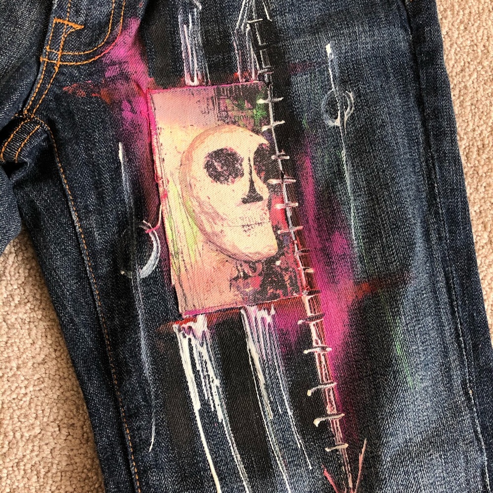 Hand-Painted Dark Wash Women’s Jeans with Pink Accent